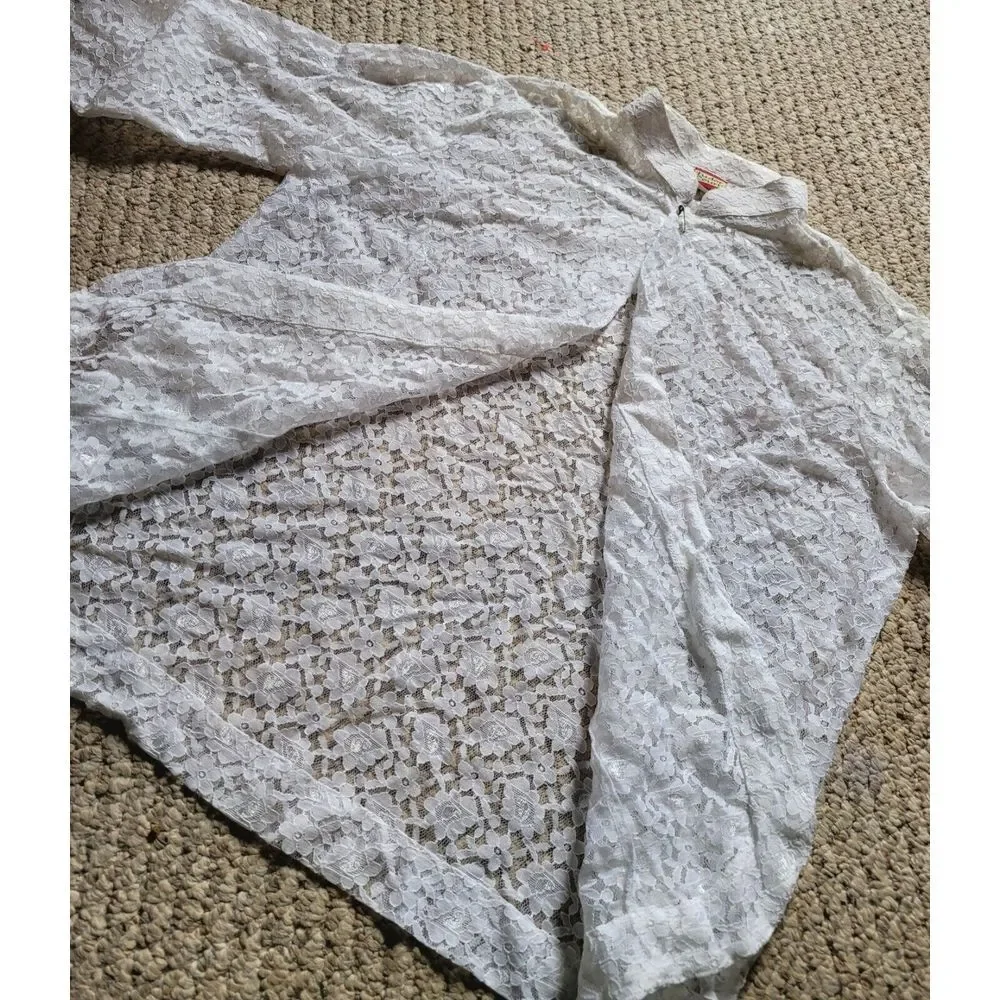 Vintage 70s 80s Romantic Sheer Lace Overlay Blouse Open Size L White Retro - Picture 2 of 7